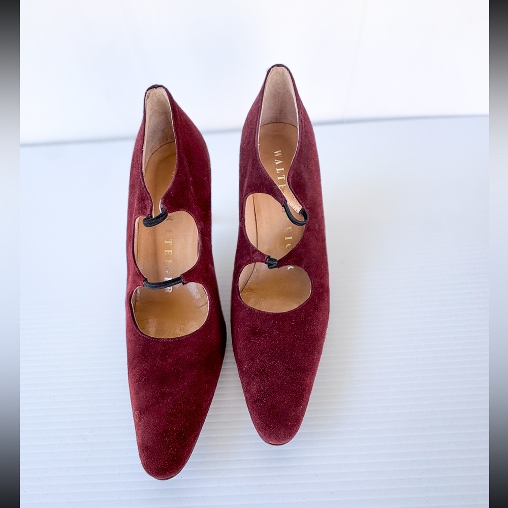 VTG Walter Steiger Burgundy Suede Pumps Italy Cutout Strap High Heel Shoes Sz 7B